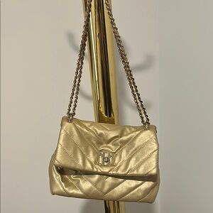 Badgley Mischka Gold Quilted Shoulder Bag with Chain Strap